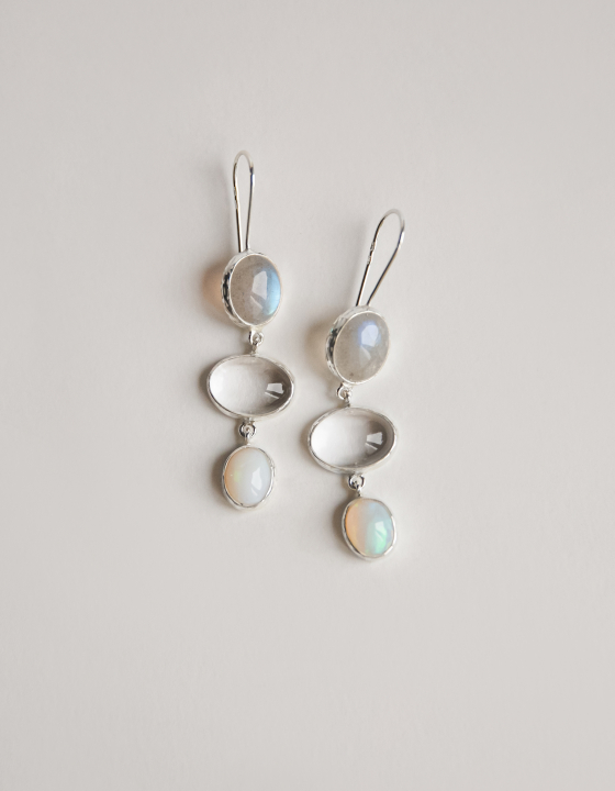 Серьги с лабрадоритом, горным хрусталем и эфиопским опалом