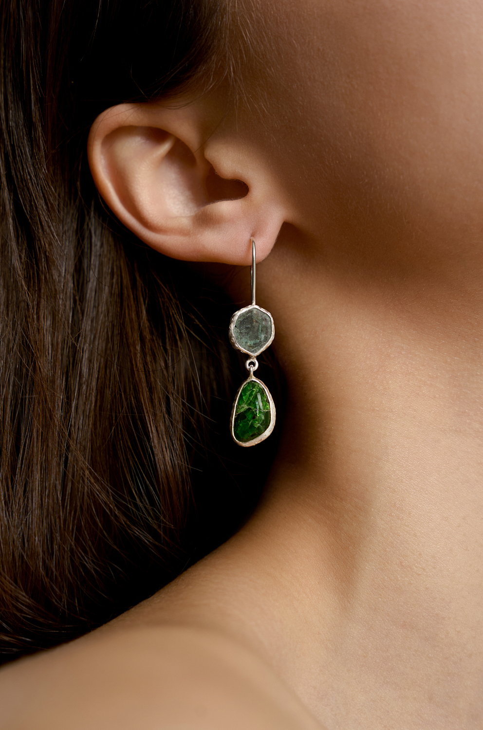 Серьги с аквамарином, турмалином и хромдиопсидом