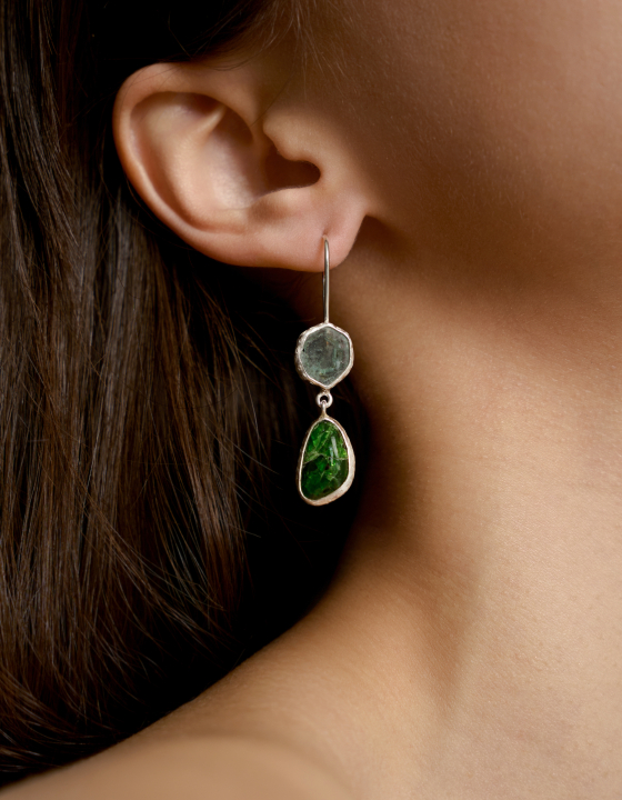 Серьги с аквамарином, турмалином и хромдиопсидом
