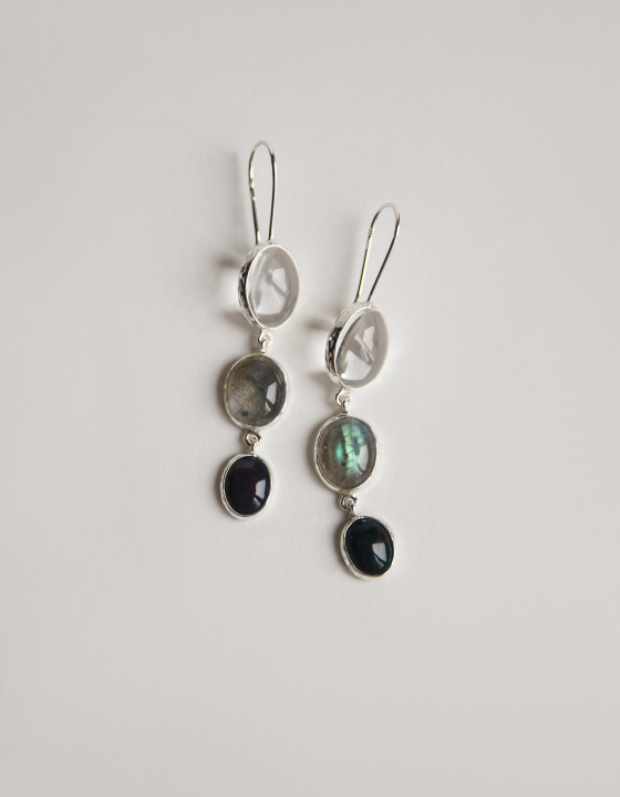 Серьги с горным хрусталем, лабрадоритом и эфиопским опалом