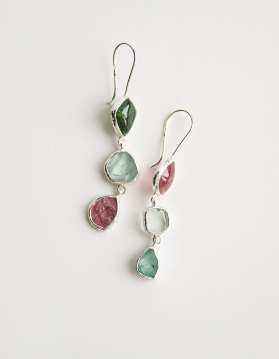 Серьги с турмалином, хромдиопсидом и аквамарином