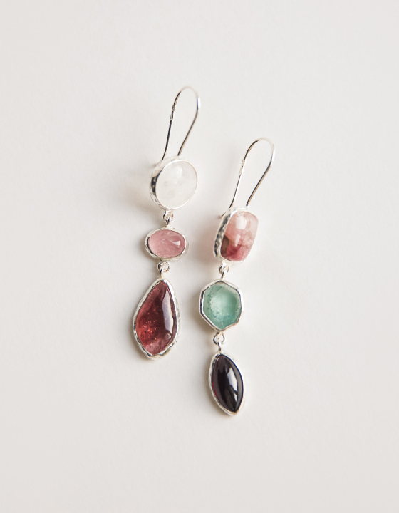 Серьги с горным хрусталем, турмалином, аквамарином и гранатом