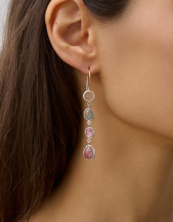Серьги с турмалином, горным хрусталем и аквамарином