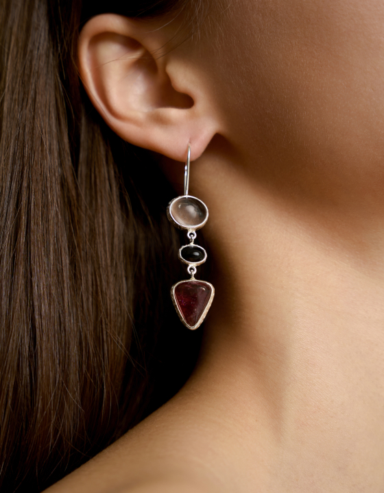 Серьги с горным хрусталем, черным агатом и турмалином