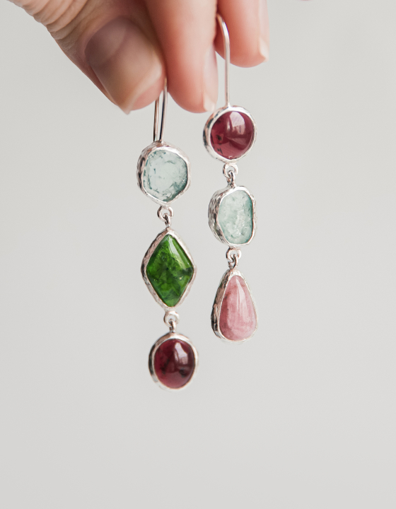 Серьги с гранатом, аквамарином, хромдиопсидом и турмалином