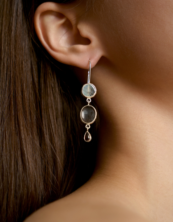 Серьги с аквамарином, горным хрусталем и гранатом