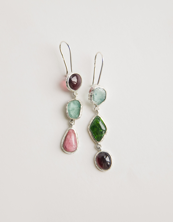 Серьги с гранатом, аквамарином, хромдиопсидом и турмалином