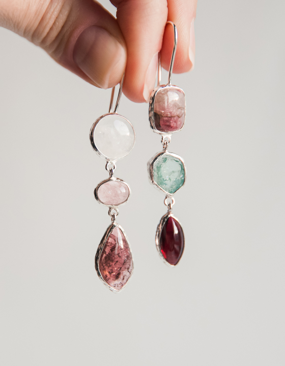 Серьги с горным хрусталем, турмалином, аквамарином и гранатом