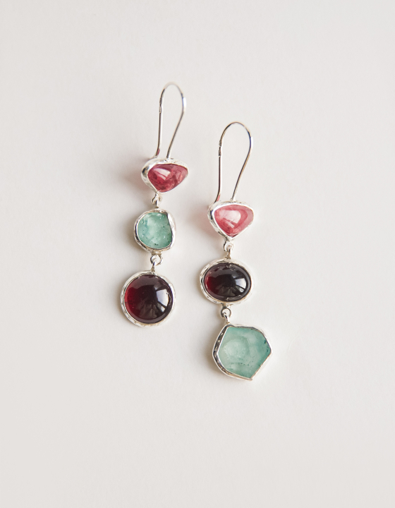 Серьги с турмалином, аквамарином и гранатом