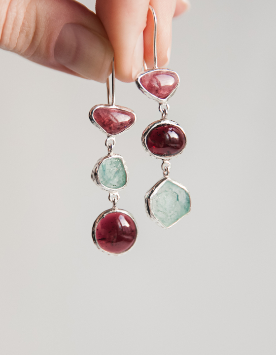 Серьги с турмалином, аквамарином и гранатом