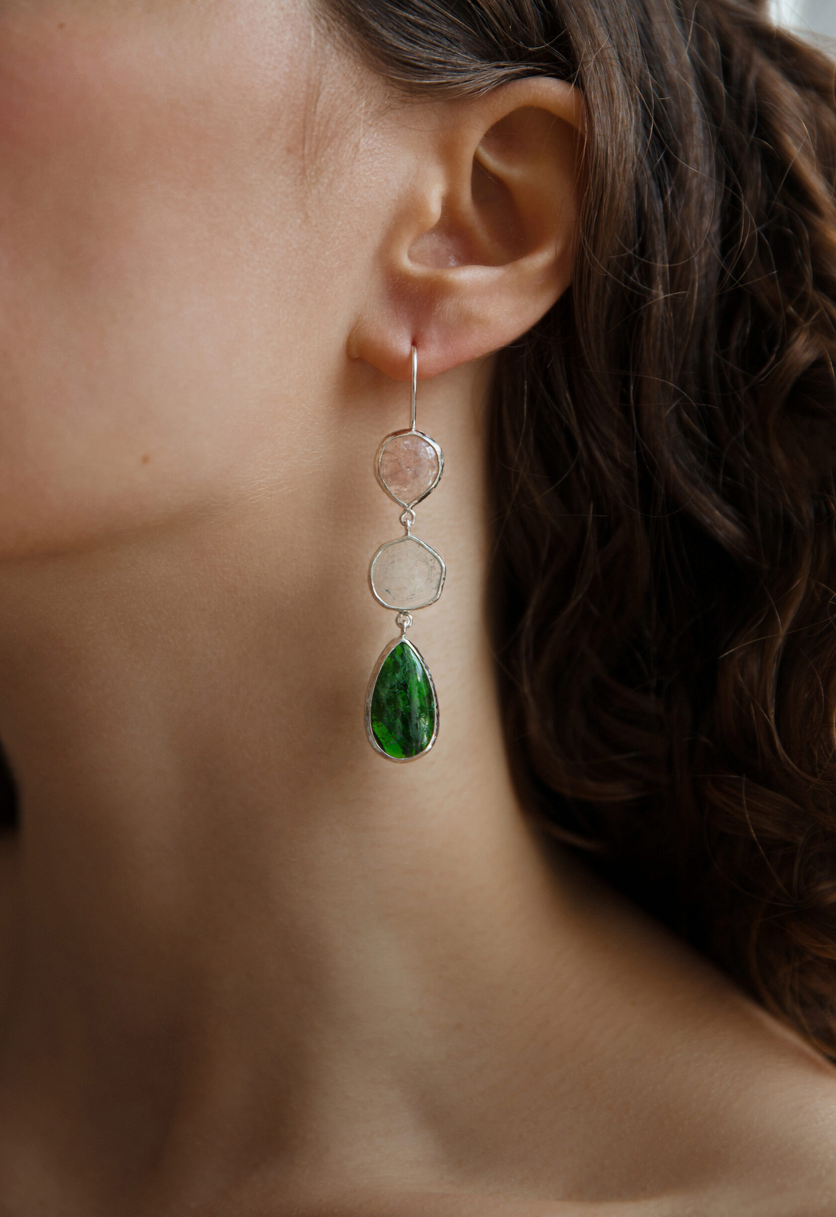 Серьги с турмалином, аквамарином и хромдиопсидом