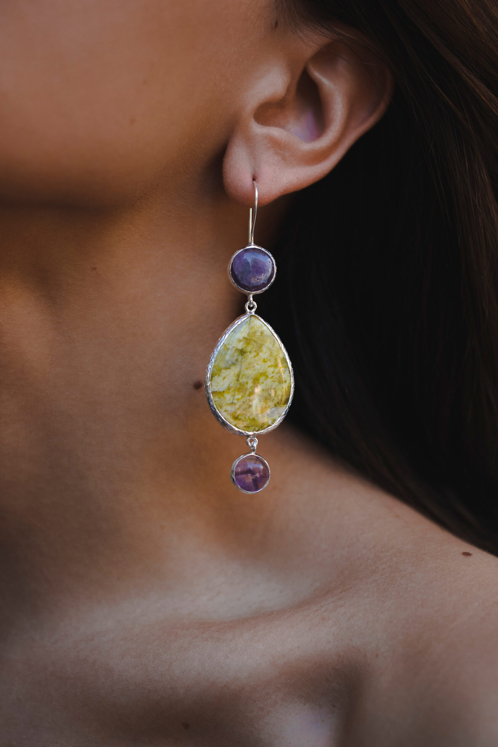 Серьги с аметистом и офитом