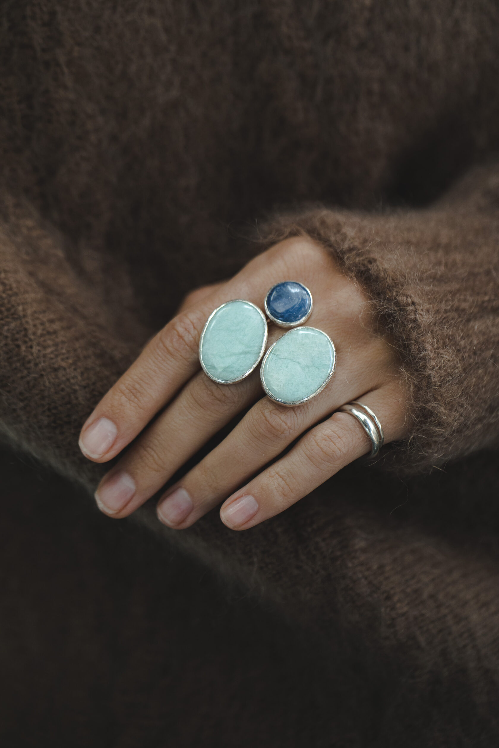 Кольцо с амазонитом и кианитом