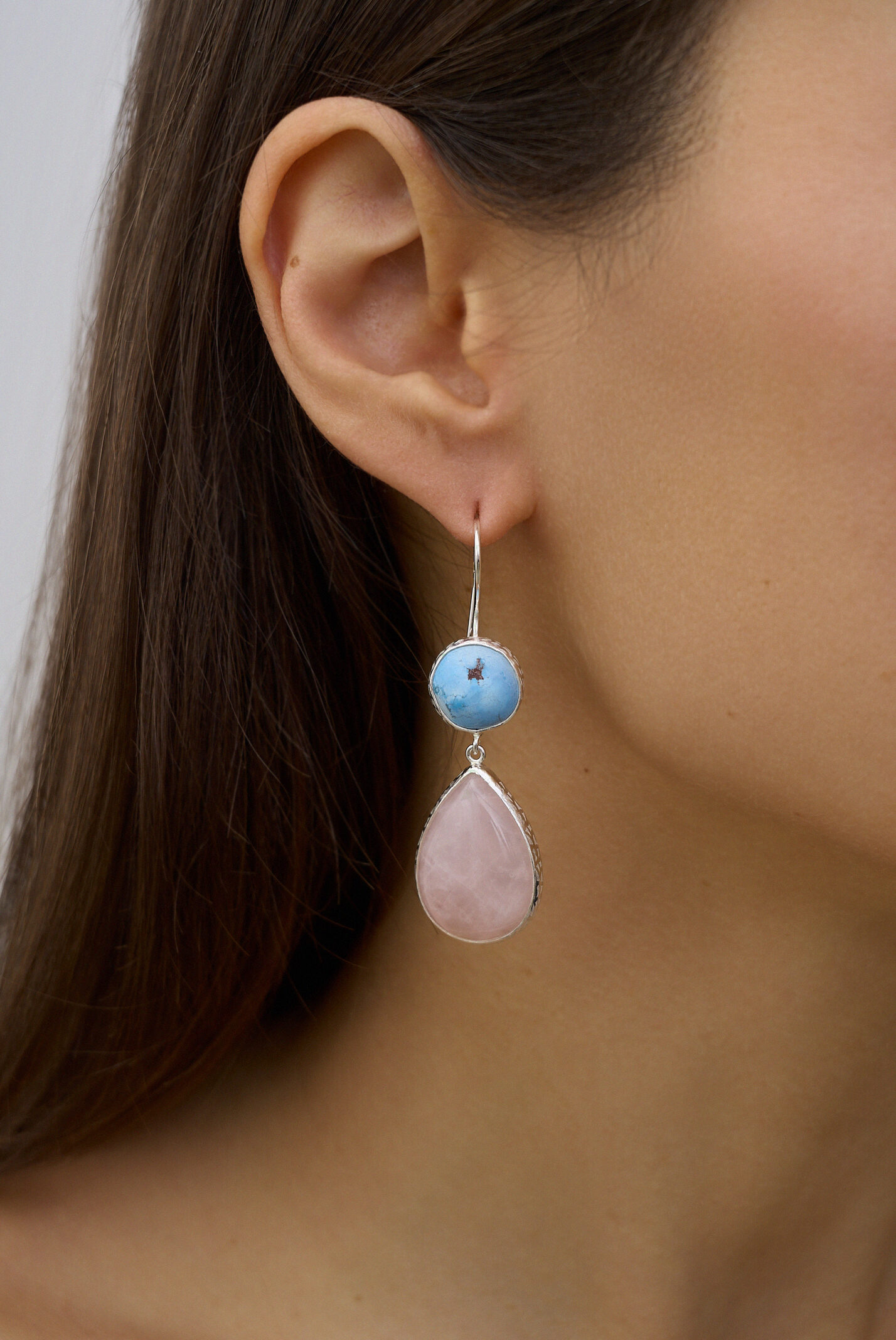 Серьги с бирюзой и розовым кварцем