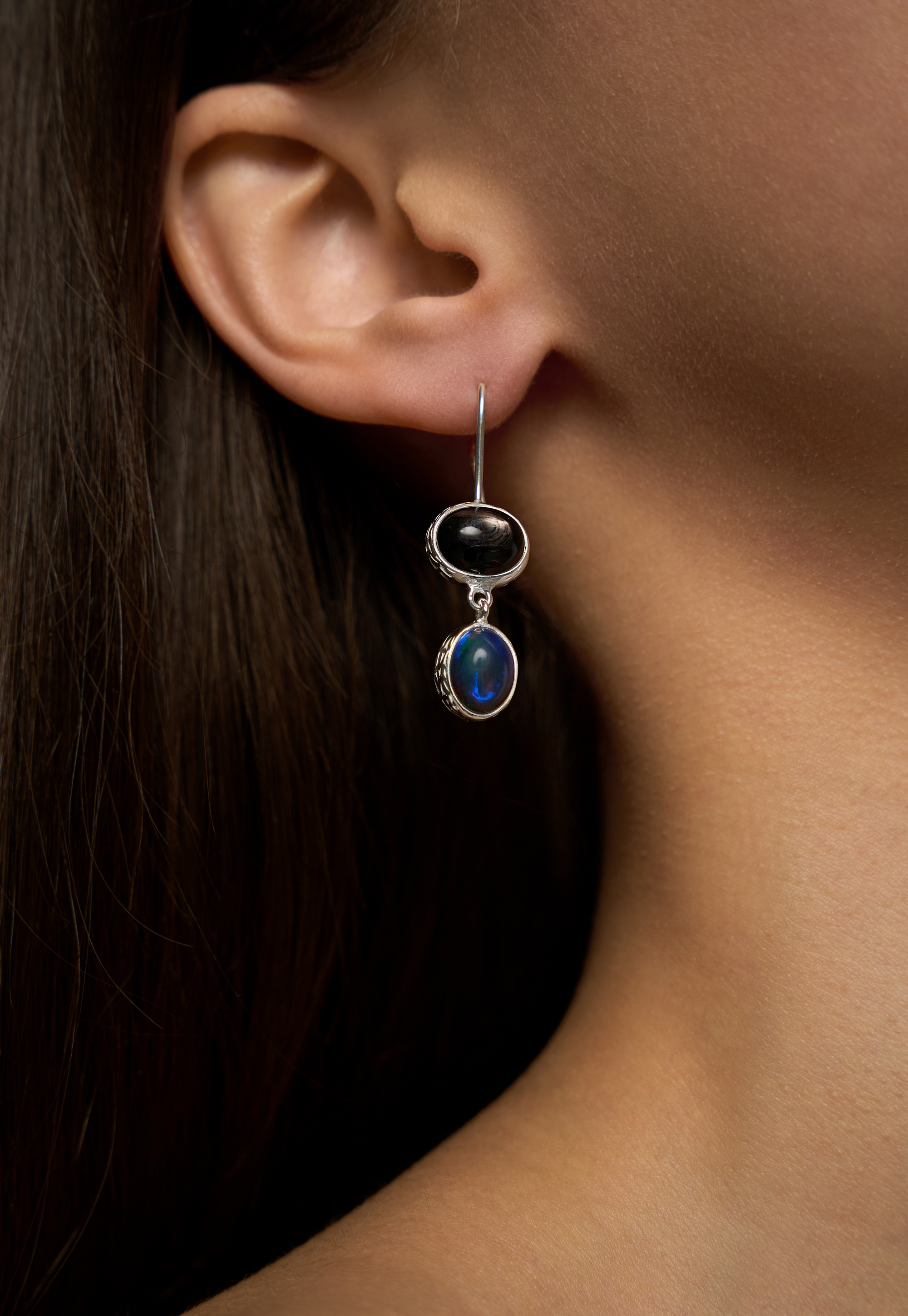 Серьги с гиперстеном и эфиопским опалом