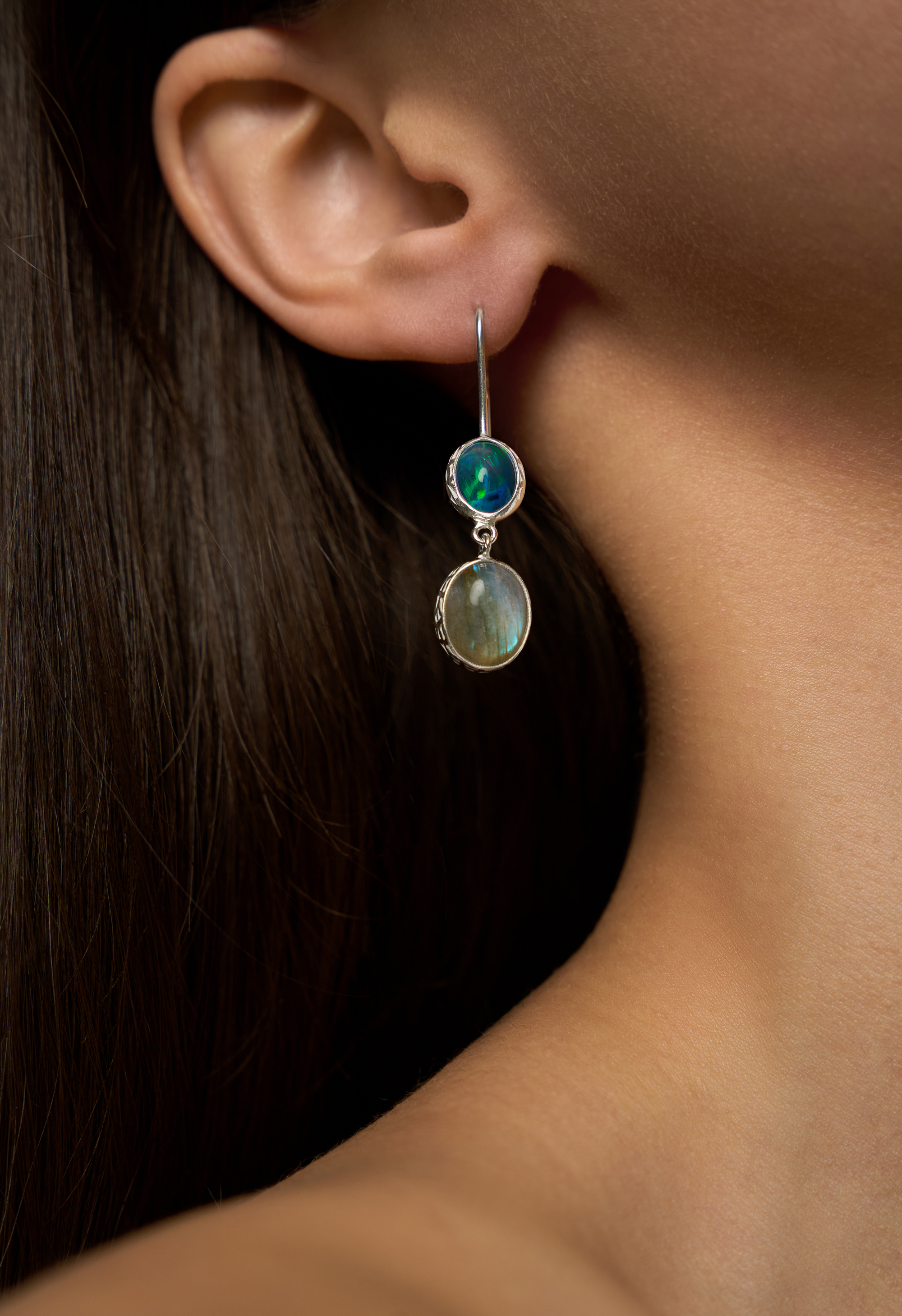 Серьги с эфиопским опалом и лабрадоритом