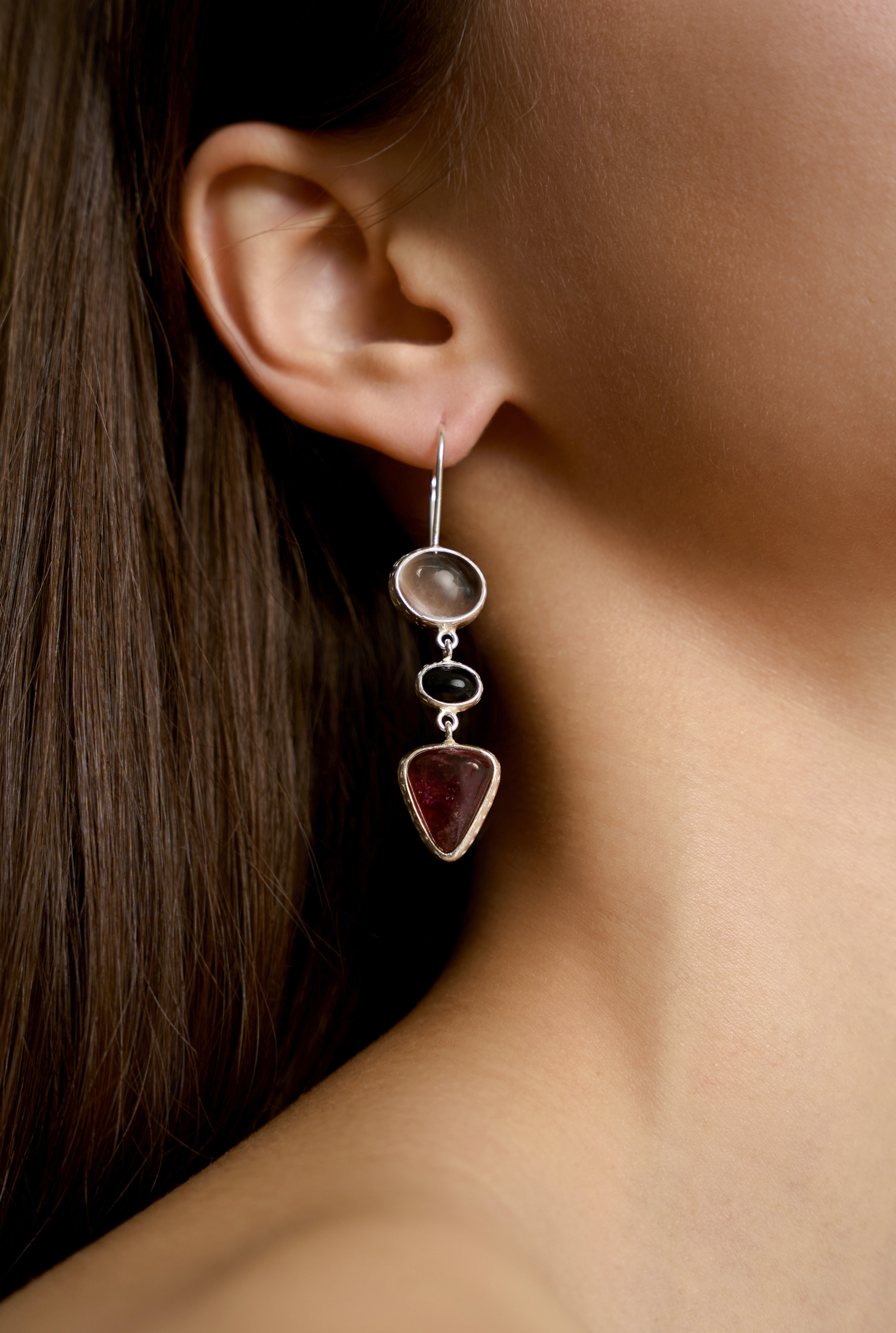 Серьги с горным хрусталем, черным агатом и турмалином