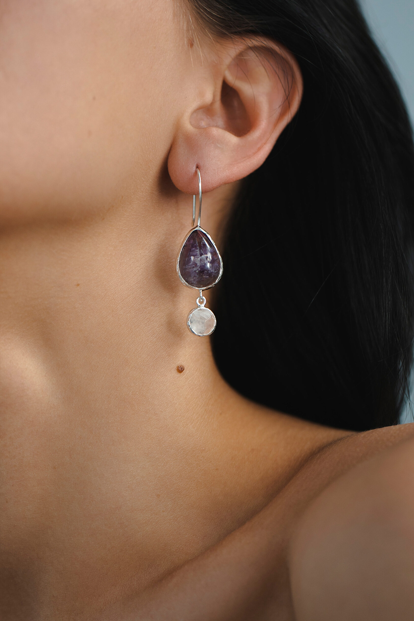 Серьги с аметистом и горным хрусталем
