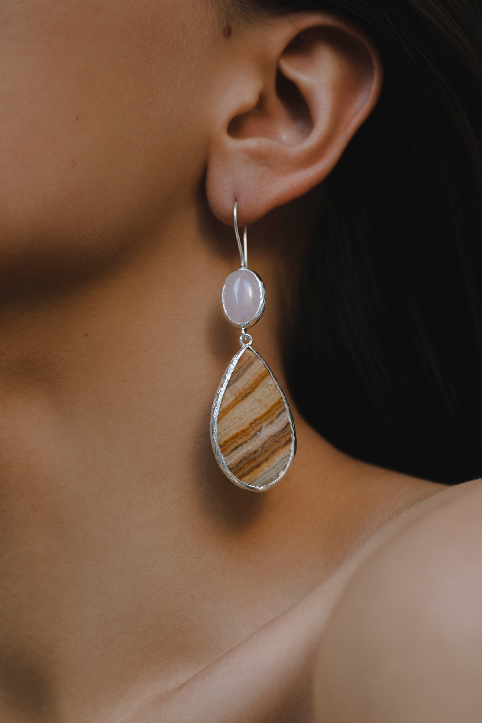 Серьги с розовым кварцем и агатом