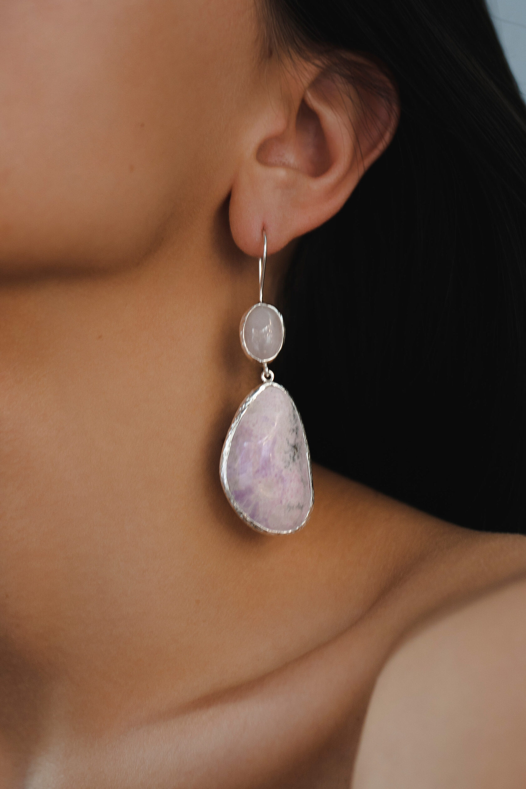 Серьги с розовым кварцем, гранатом и флюоритом