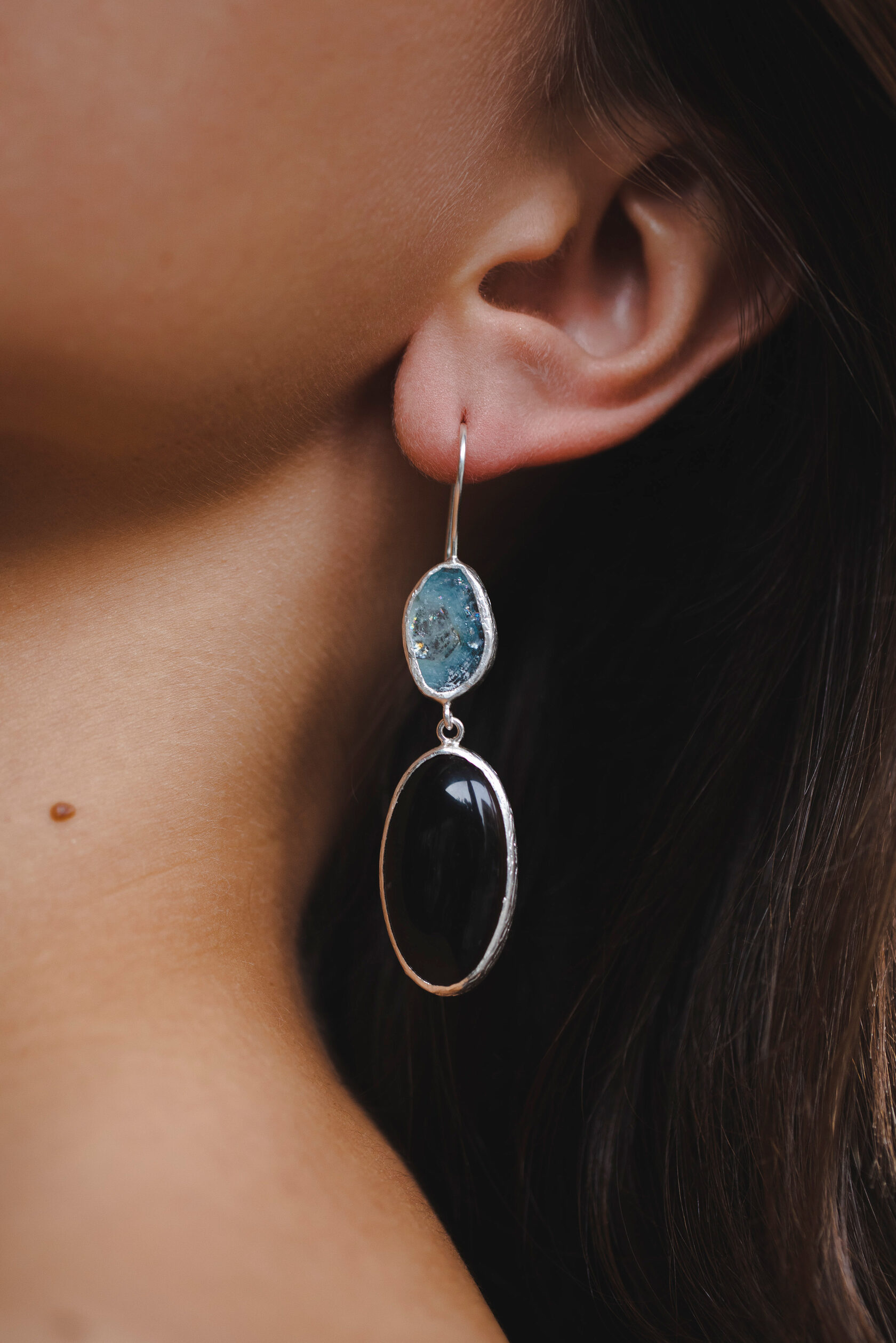 Серьги с аквамарином и морионом