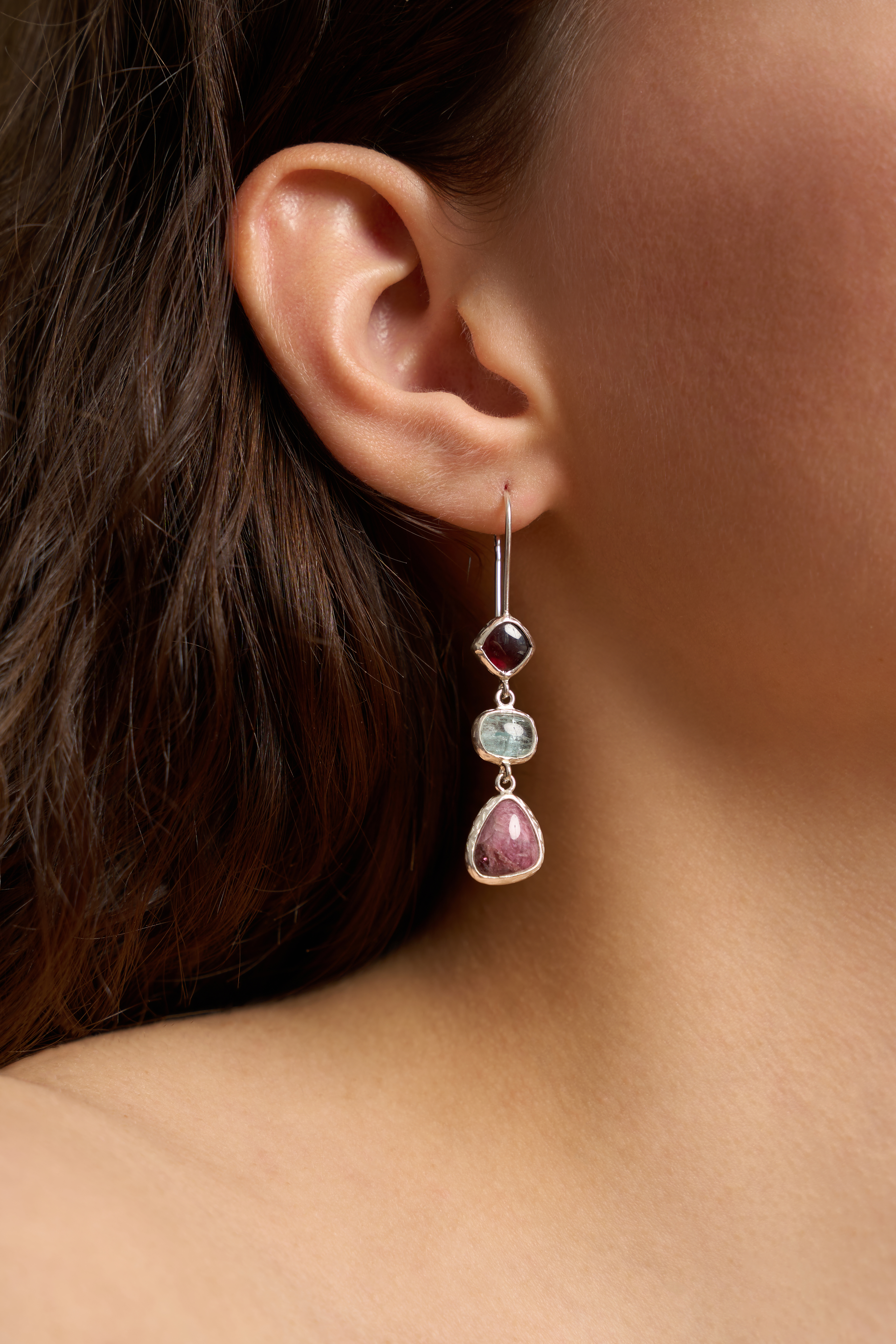 Серьги с гранатом, аквамарином и турмалином