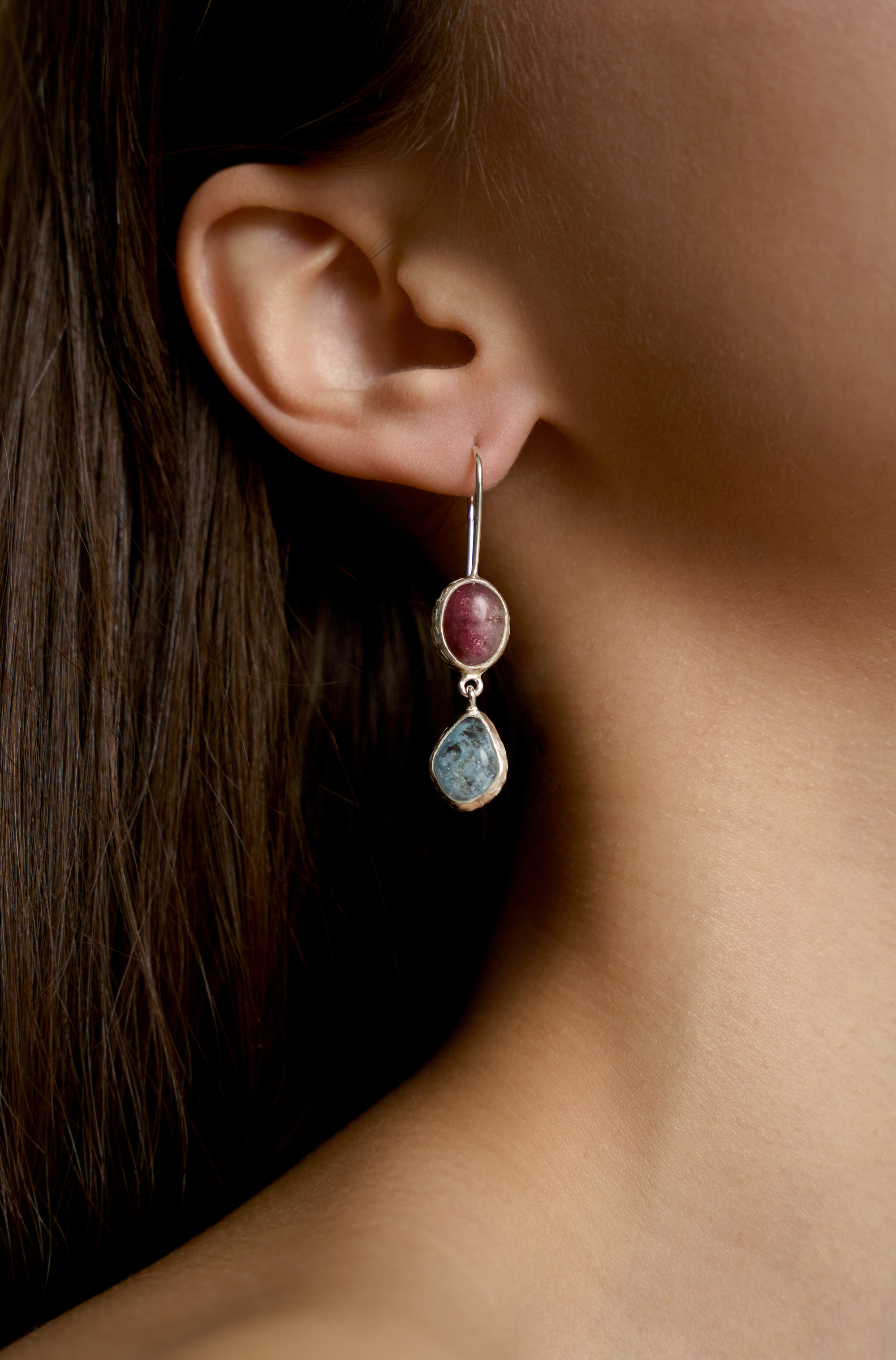 Серьги с гранатом, горным хрусталем, аквамарином и турмалином