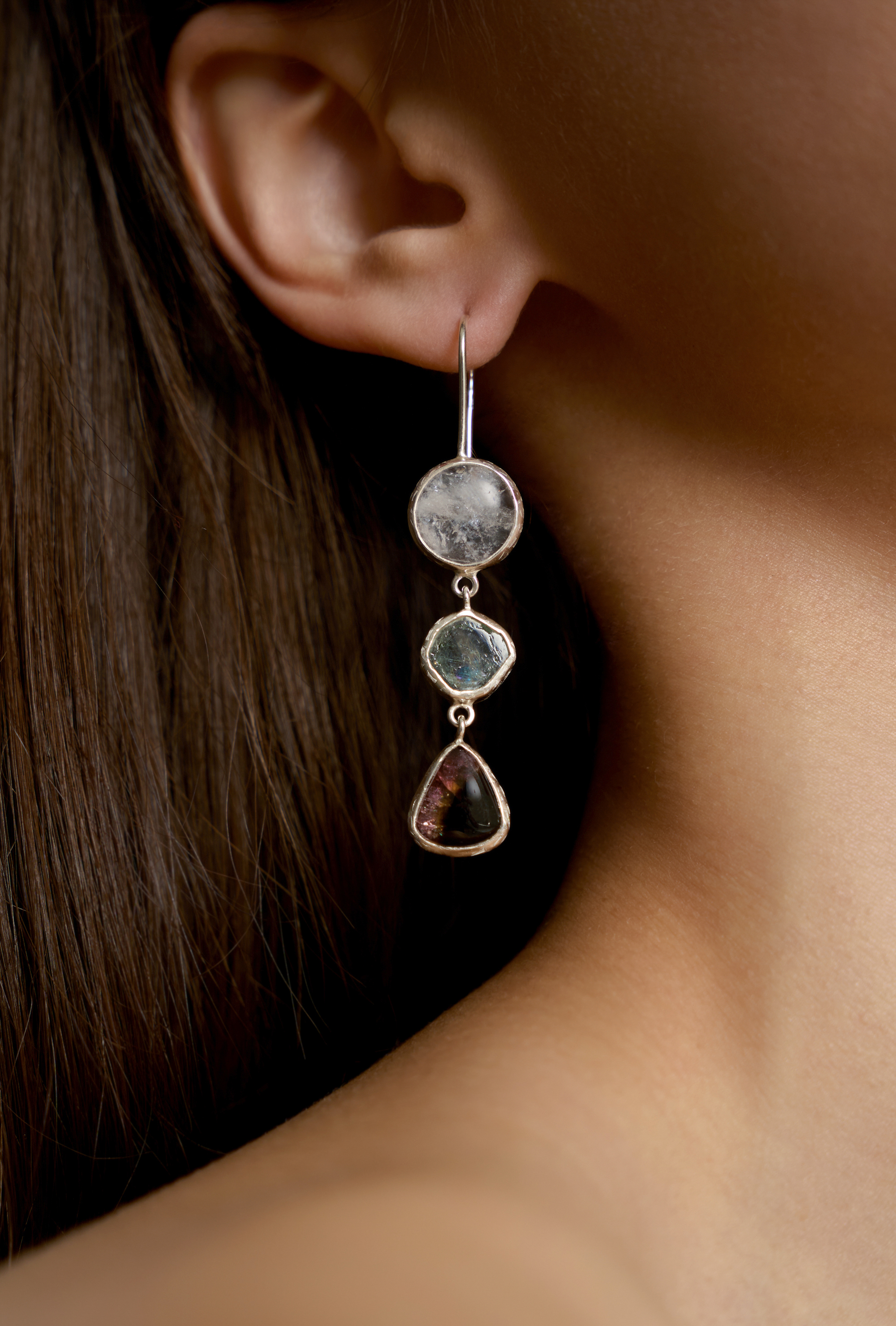 Серьги с горным хрусталем, хромдиопсидом, аквамарином, гранатом и турмалином