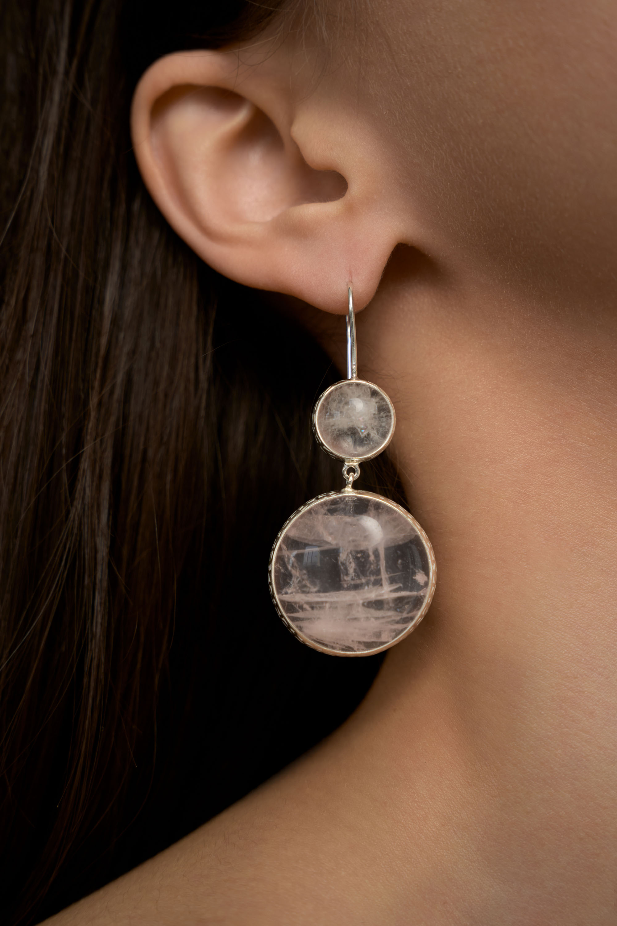 Серьги с горным хрусталем и розовым кварцем