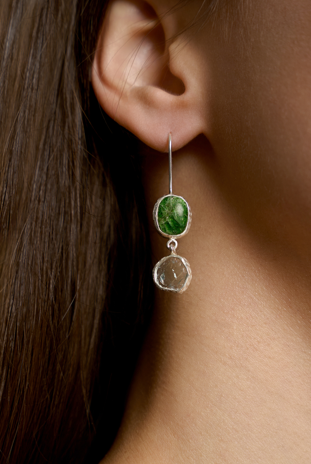 Серьги с гранатом, хромдиопсидом и аквамарином