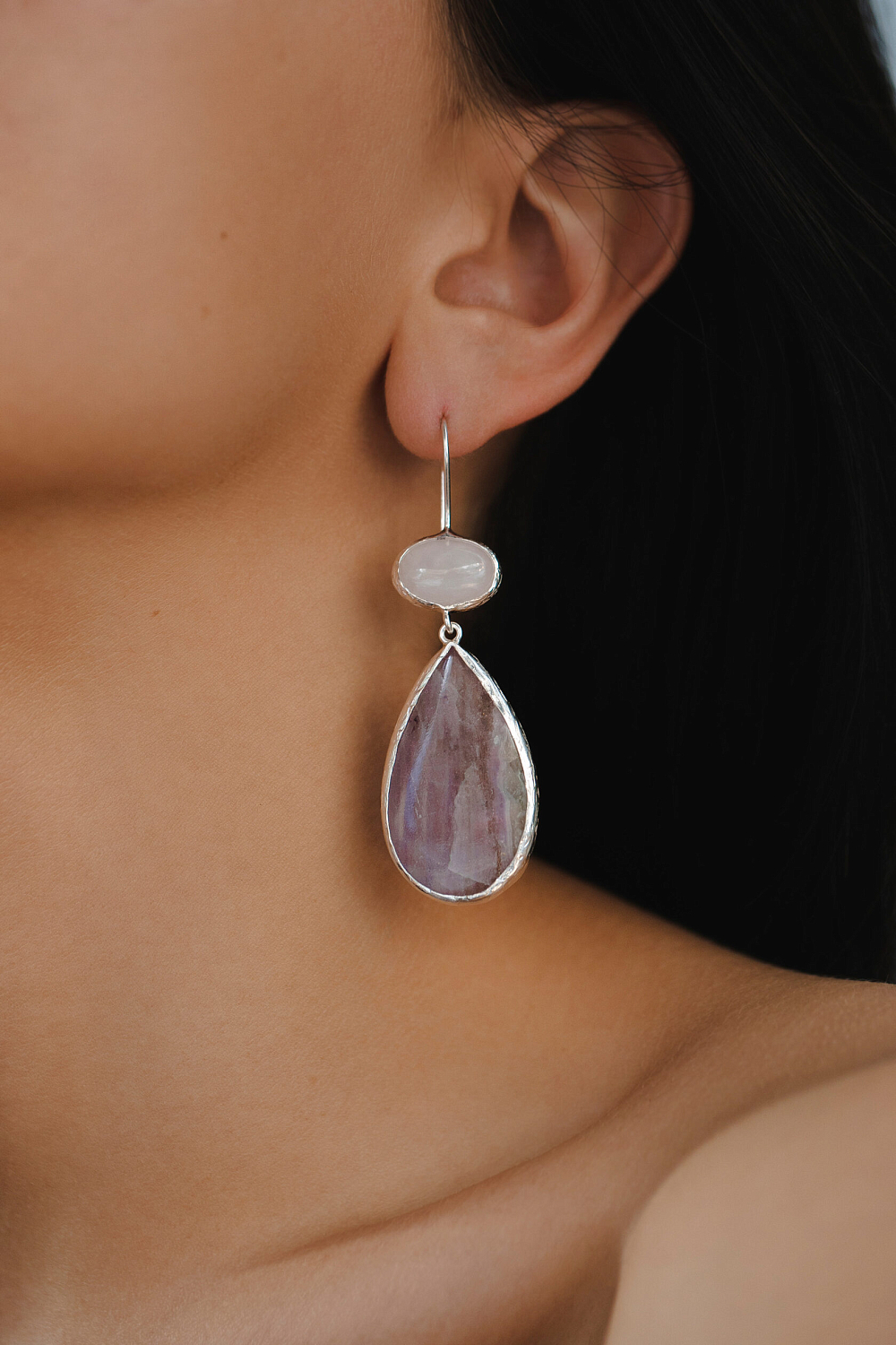 Серьги с розовым кварцем, гранатом и флюоритом