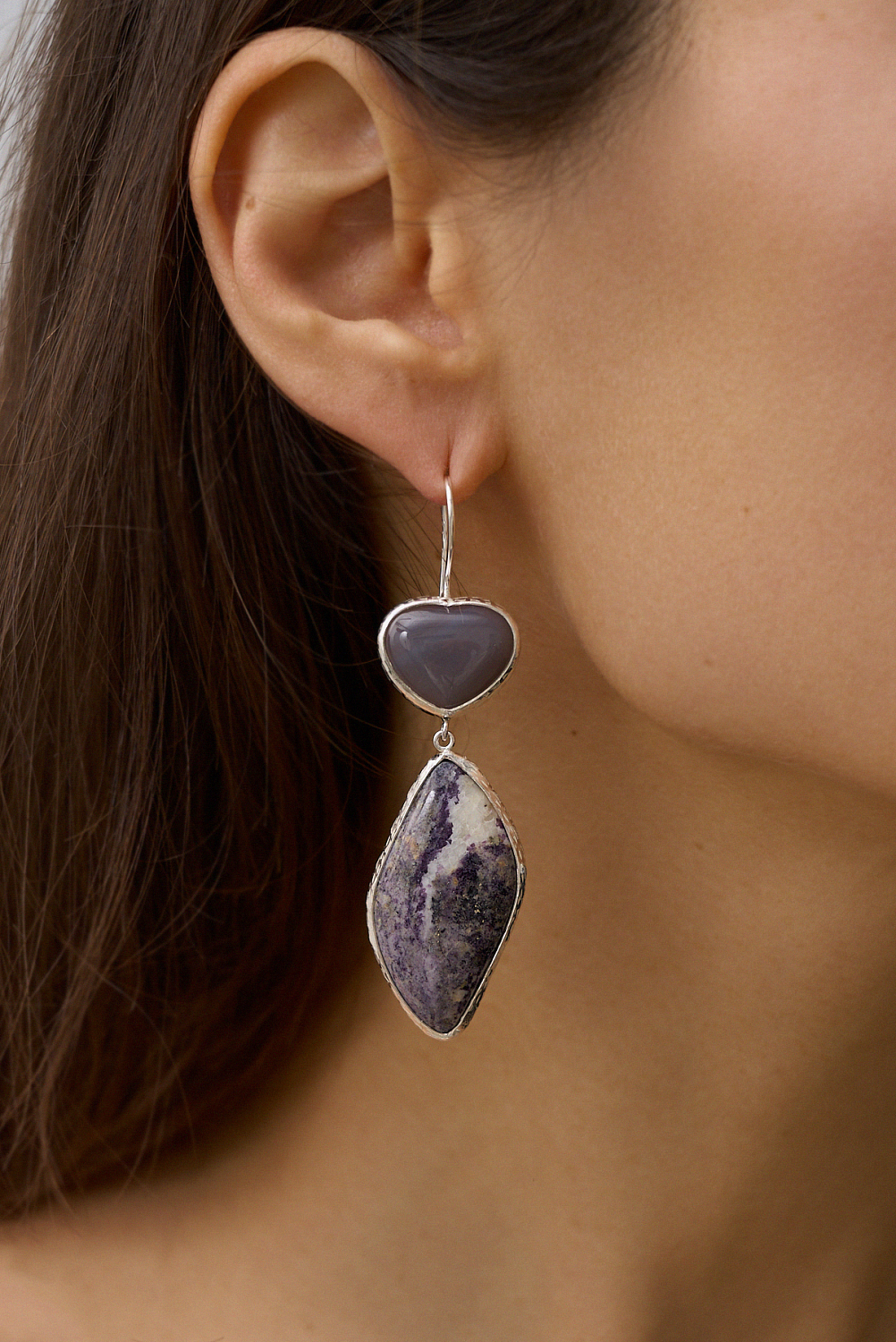 Серьги Сердце с агатом и флюоритом