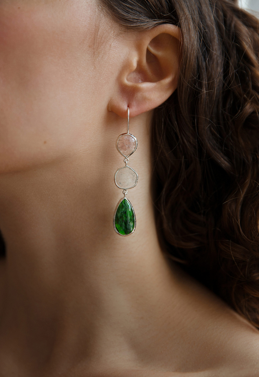 Серьги с турмалином, аквамарином и хромдиопсидом