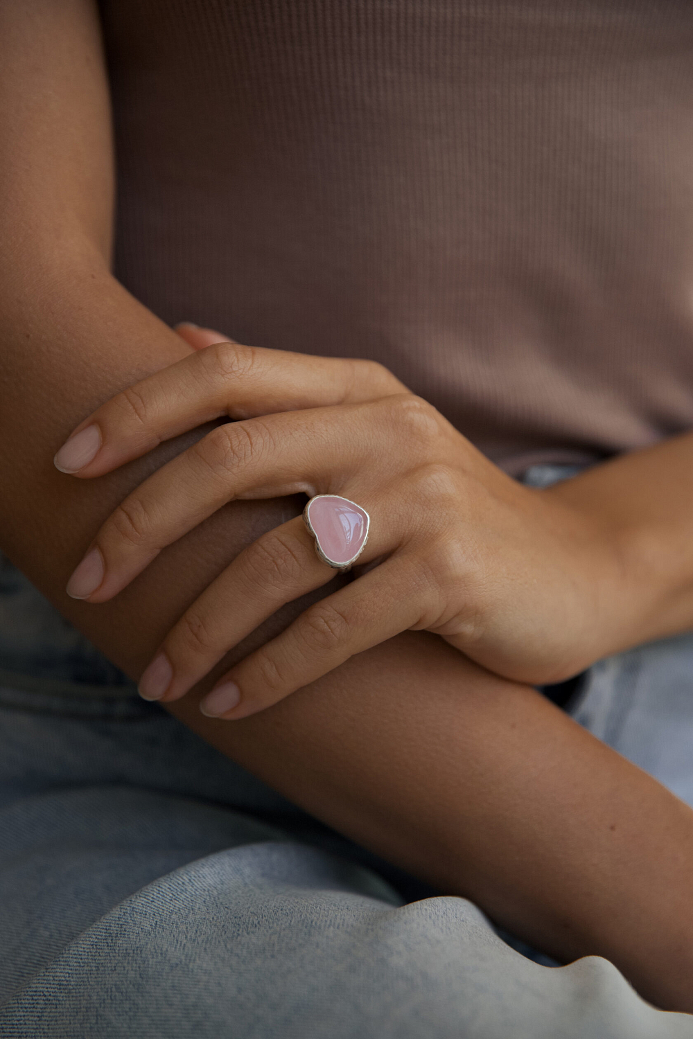 Кольцо Сердце с розовым кварцем