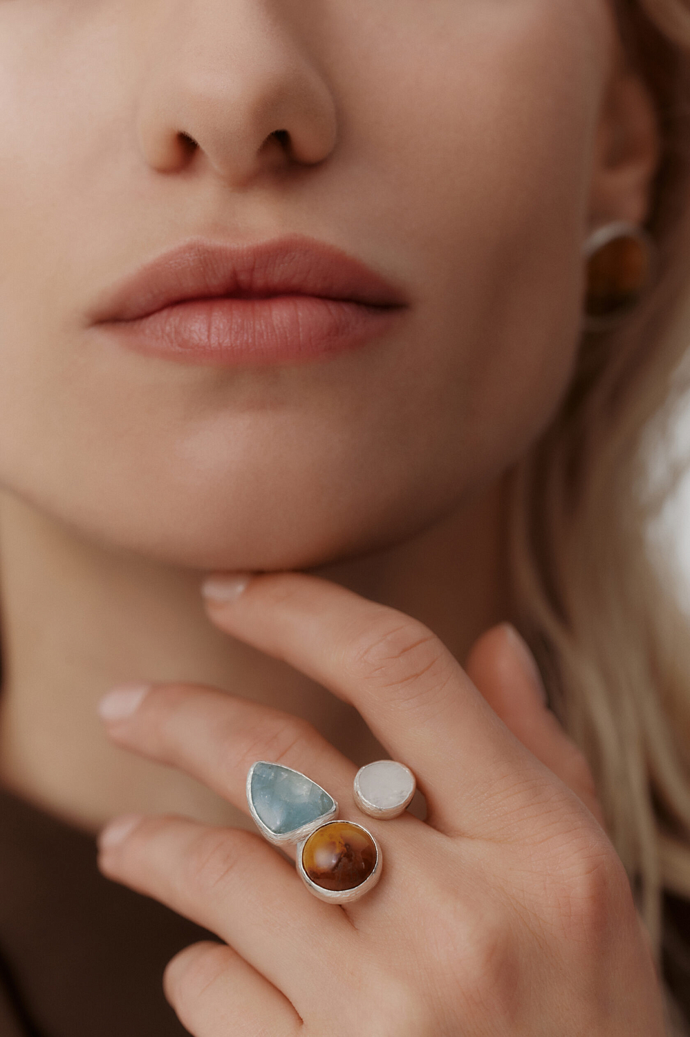 Кольцо с аквамарином, кварцем и яшмой