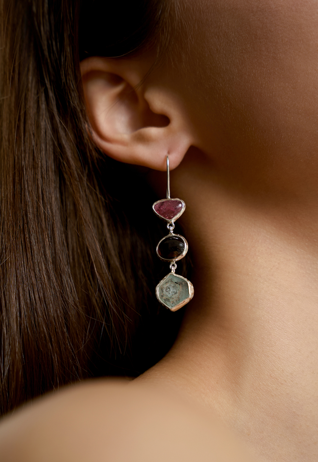 Серьги с турмалином, аквамарином и гранатом