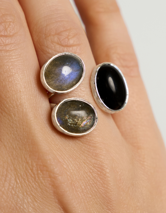 Кольцо с черным агатом и лабрадоритом