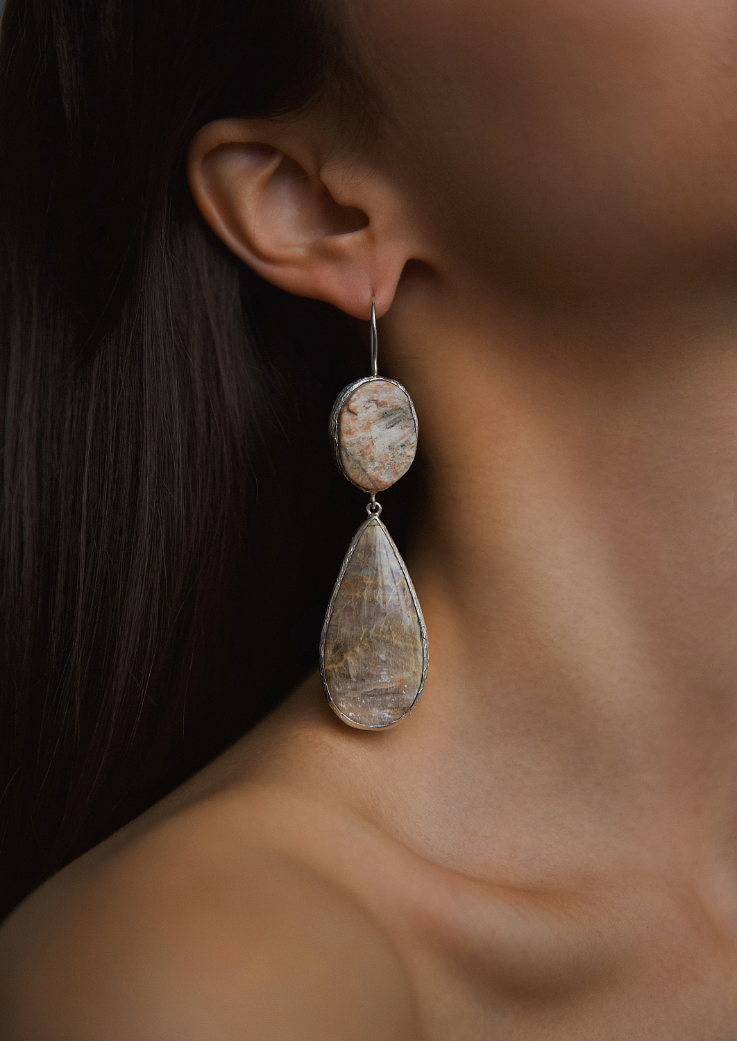 Серьги с авантюрином, агатом и лунным камнем