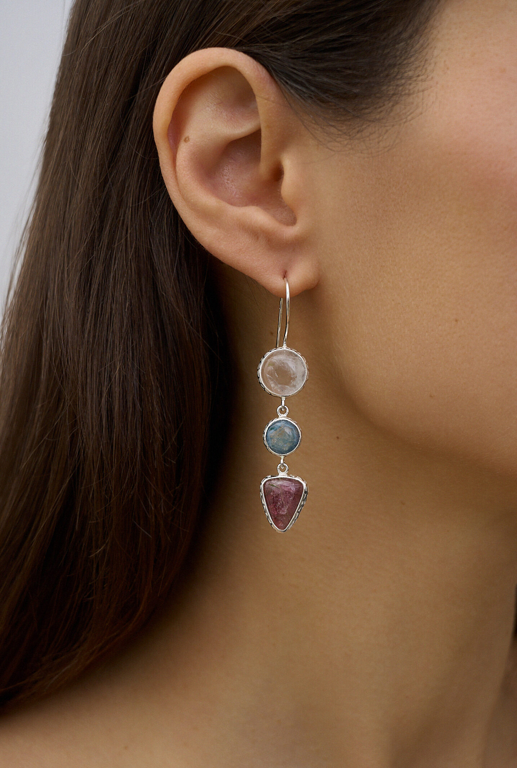 Серьги с аквамарином, горным хрусталем и турмалином