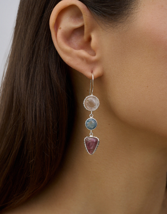 Серьги с аквамарином, горным хрусталем и турмалином