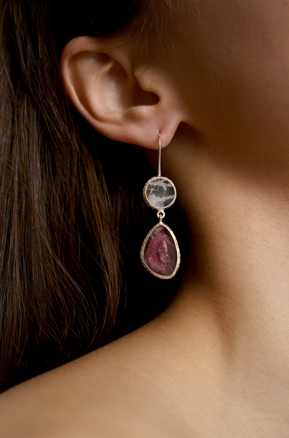 Серьги с горным хрусталем, хромдиопсидом и турмалином