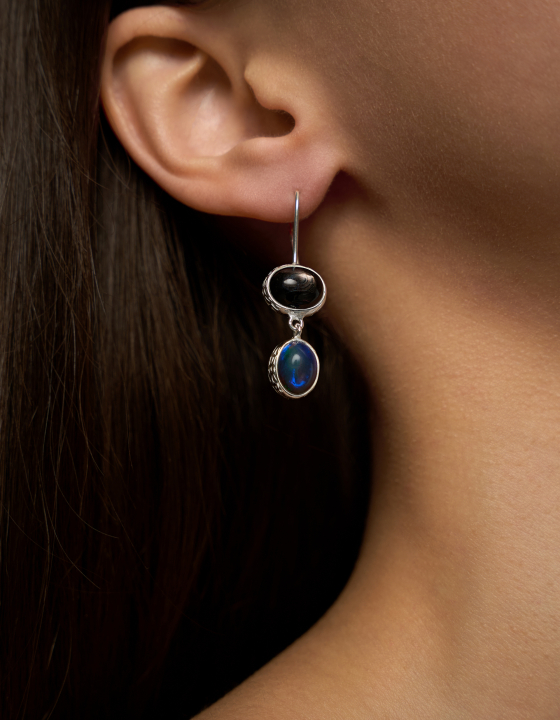 Серьги с гиперстеном и эфиопским опалом