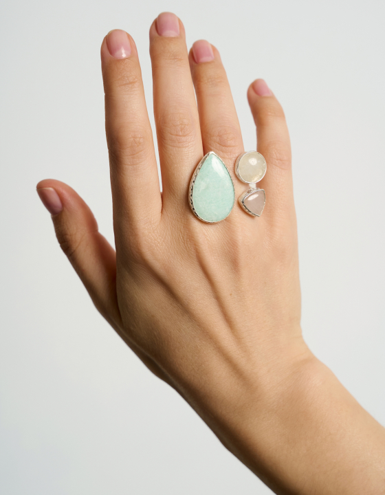 Кольцо с амазонитом, горным хрусталем и розовым кварцем