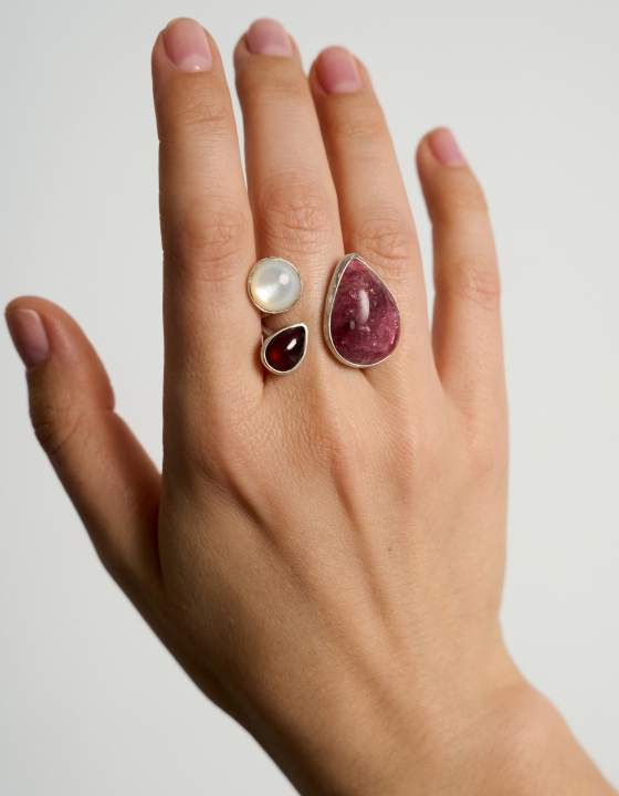 Кольцо с турмалином, гранатом и перламутром