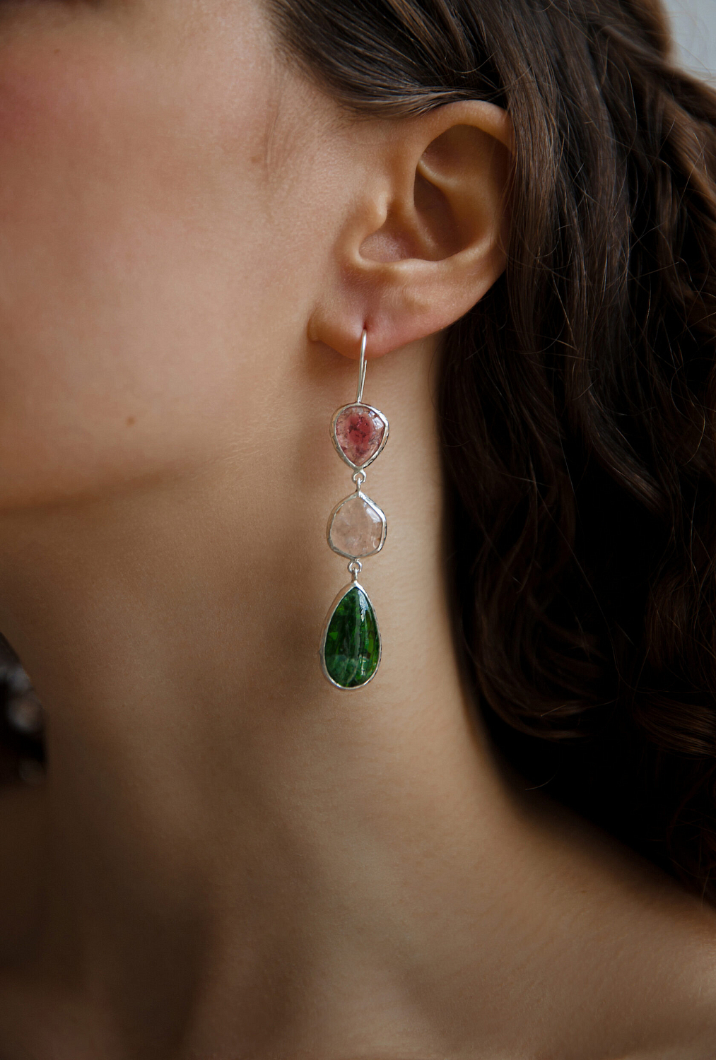 Серьги с турмалином, аквамарином и хромдиопсидом