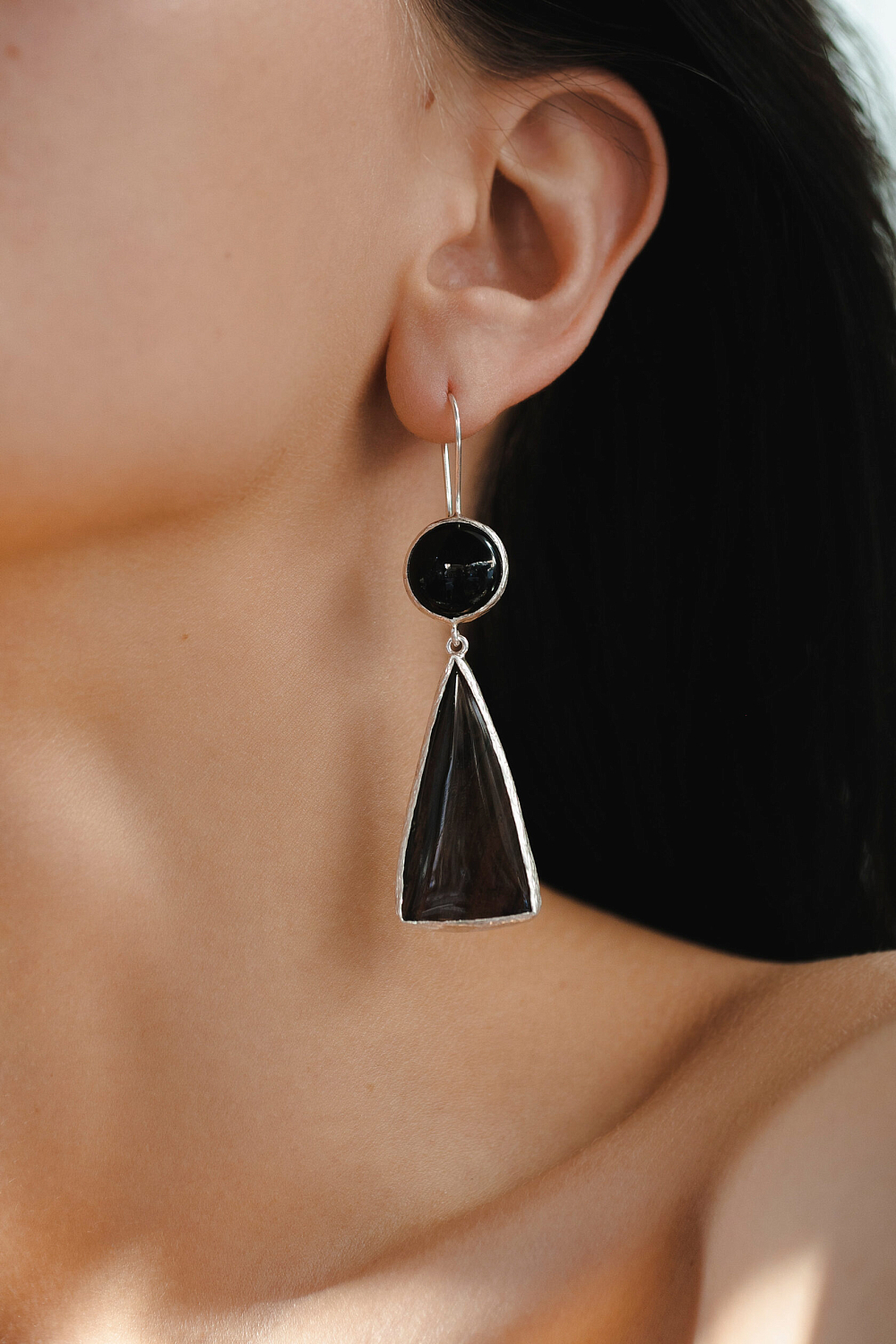 Серьги с агатом, морионом и обсидианом