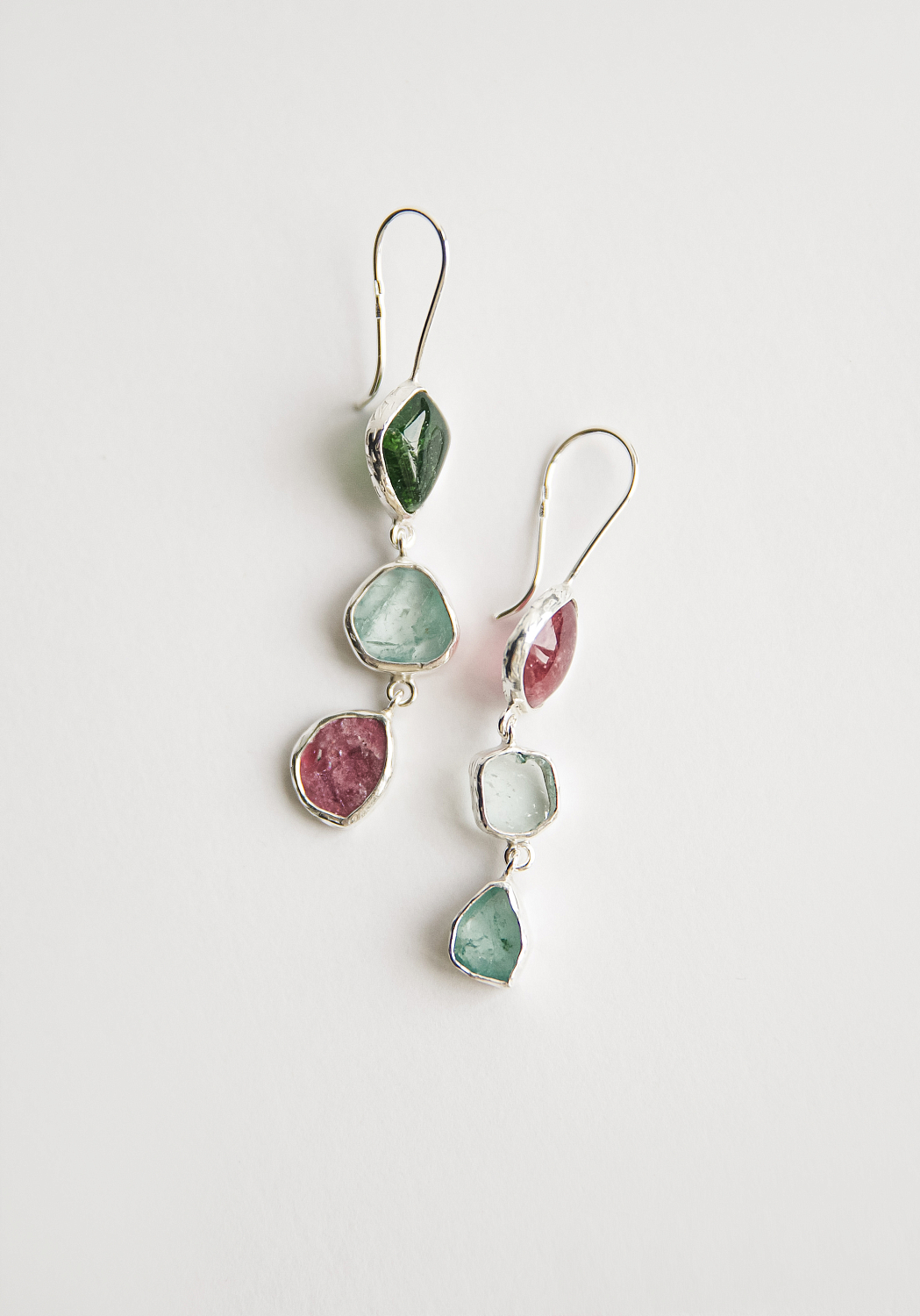 Серьги с турмалином, хромдиопсидом и аквамарином