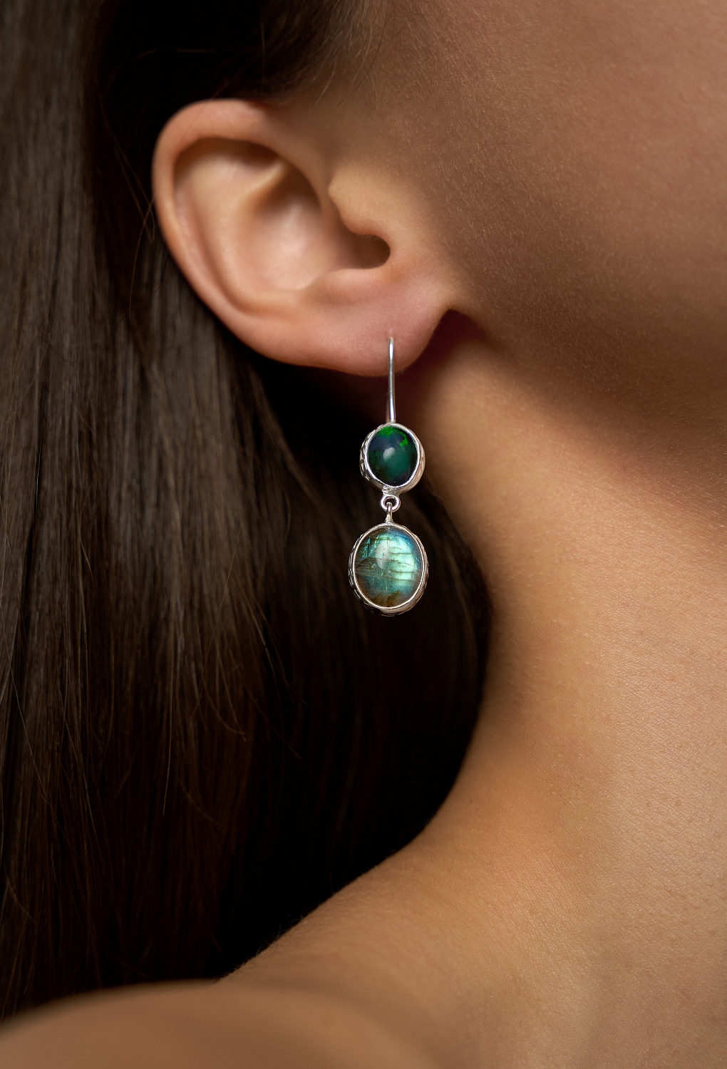 Серьги с эфиопским опалом и лабрадоритом