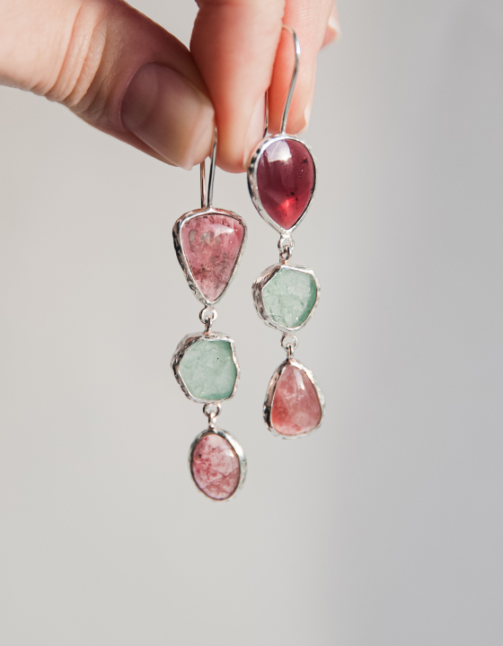 Серьги с гранатом, аквамарином и турмалином