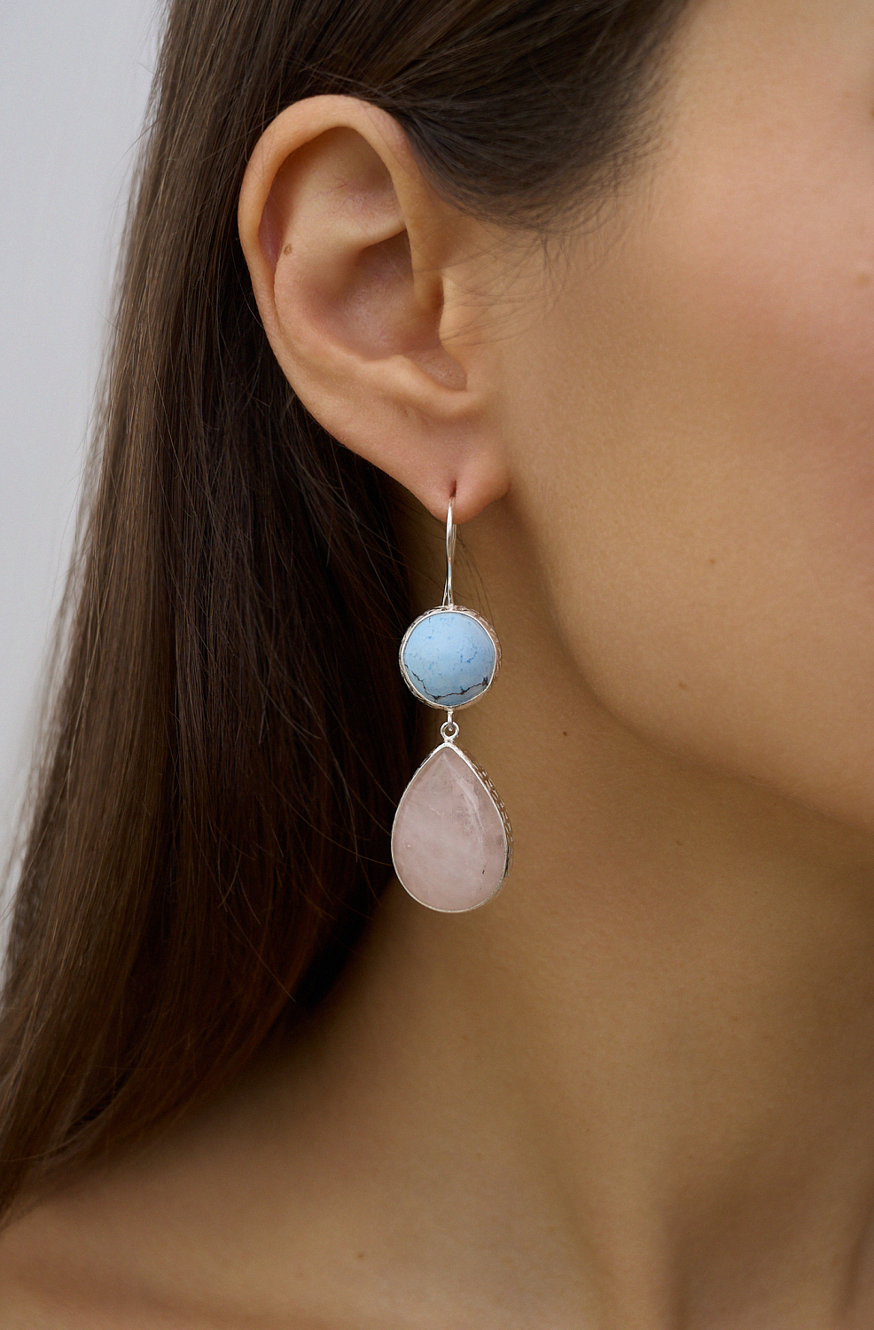 Серьги с бирюзой и розовым кварцем